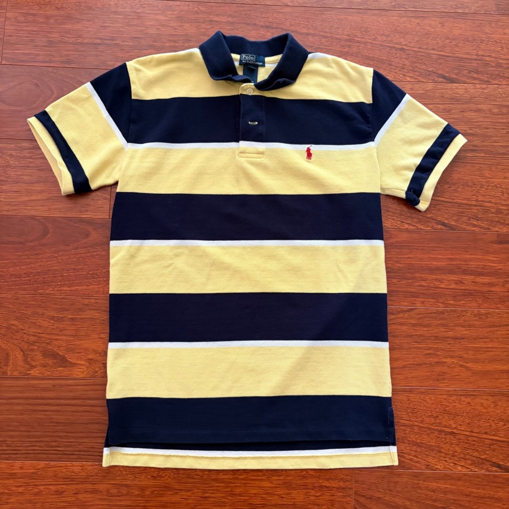 Polo Ralph Lauren Mens XS Yellow Navy Blue Striped Short Sleeve Polo Shirt